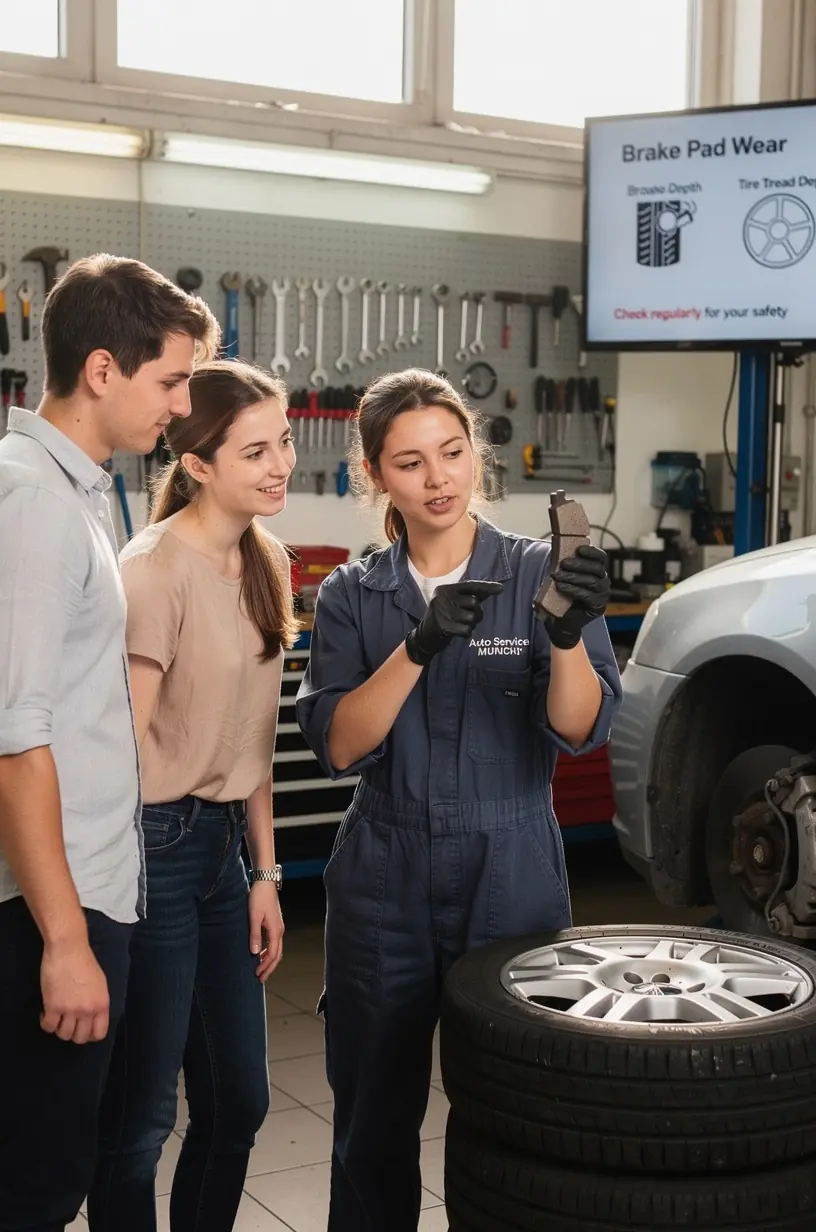 Mechaniker prüft sorgfältig das Reifenprofil eines Fahrzeugs, um den optimalen Wechselzeitpunkt zu bestimmen.